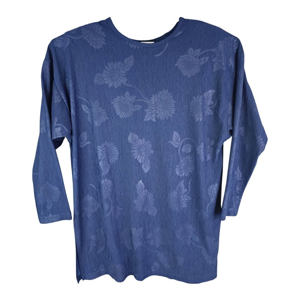 Womens Vintage Superline Blue Floral Textured Top 3/4 Sleeve Round Neck Size L